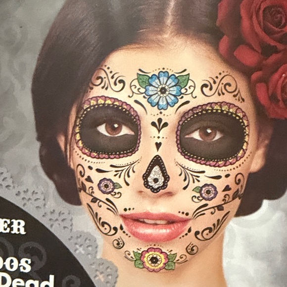 Spirit Sugar Skull Glitter Face Tattoos - Black, Red, Blue & Stickers - Picture 8 of 9
